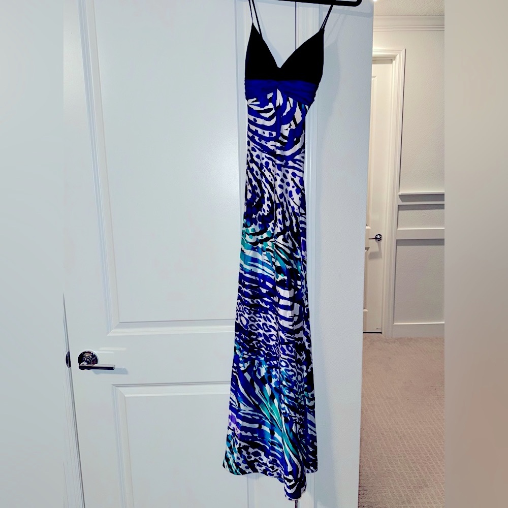 Cache Vibrant Blue teal and Black animal print Maxi/prom Dress